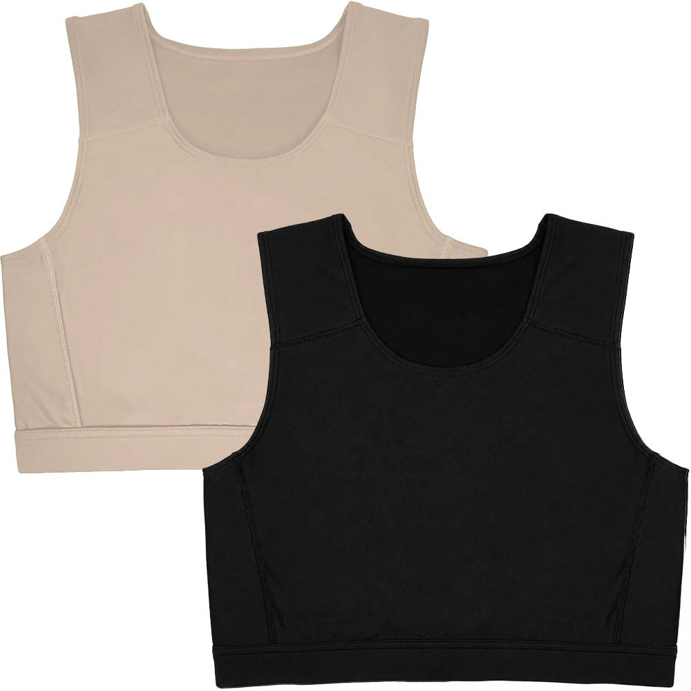 rodeoh compression top 2 pack in black and vanilla laid flat from the front