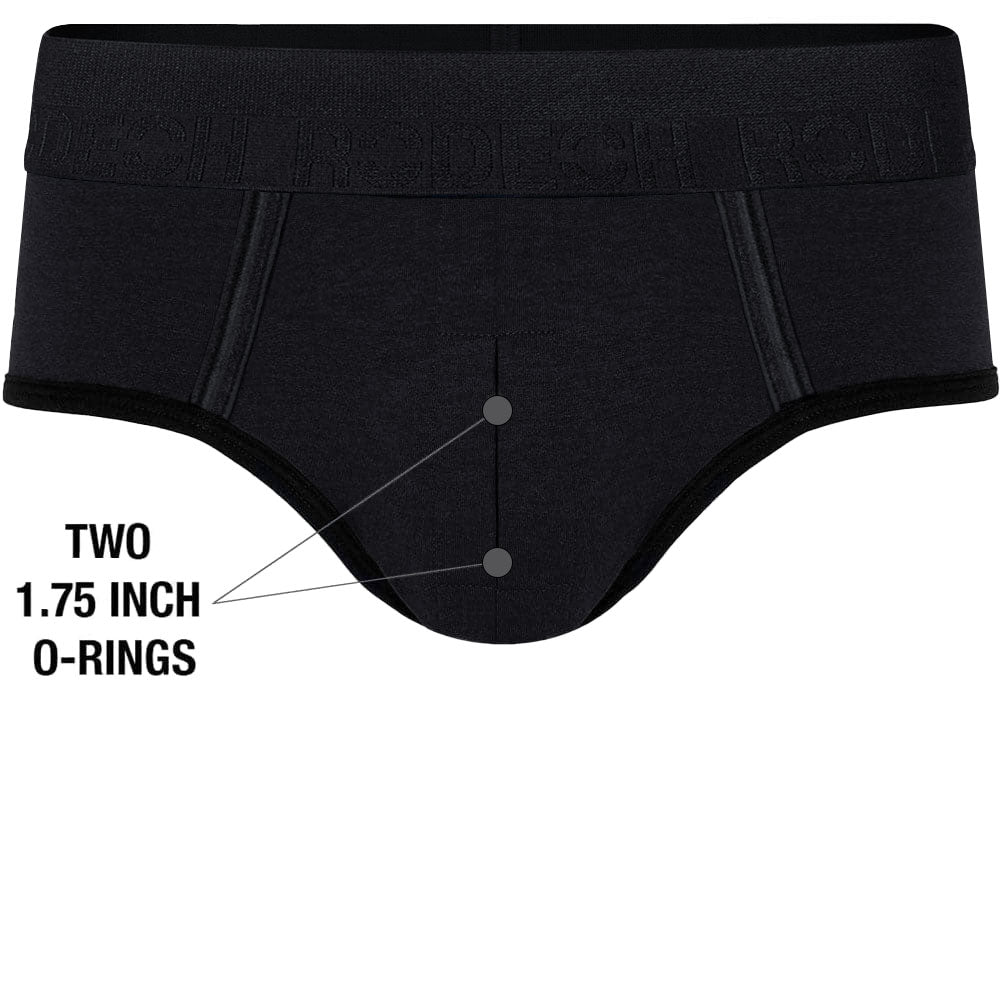 RodeoH Duo Brief Harness from the front with graphic of 2 1.75" o-ring placement one on top of the other