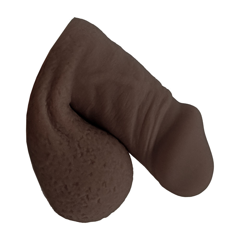 Freeform extra small FTM soft silicone 3 inch packer, in the flaccid packed position from the side, in chocolate color