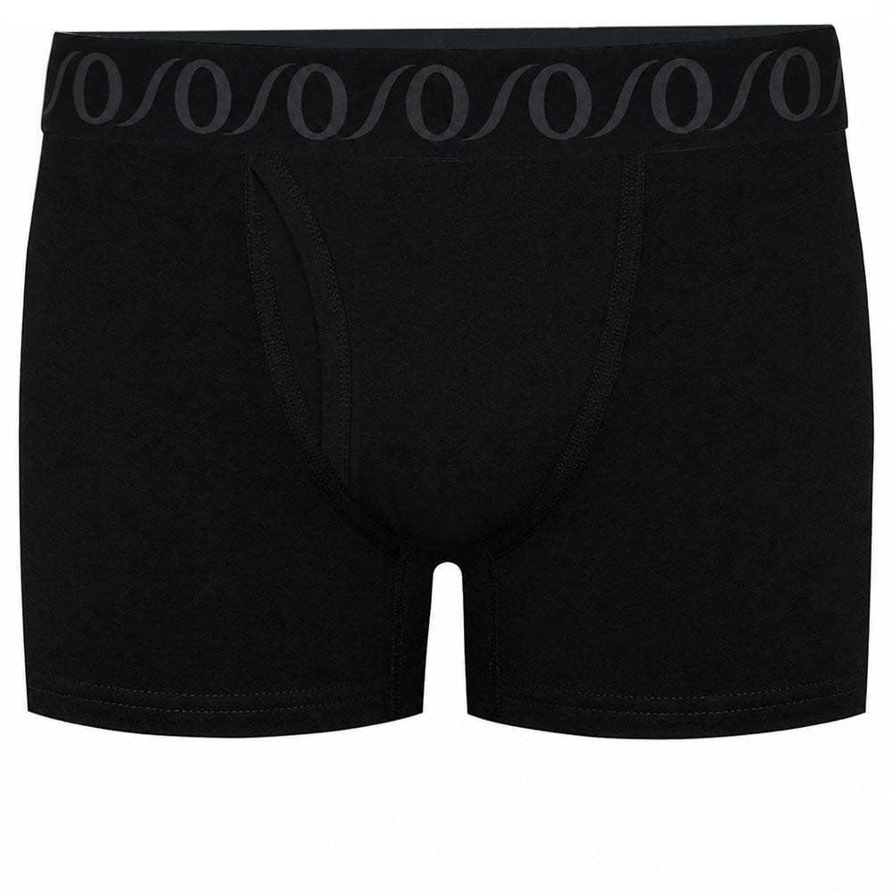 Black boxer briefs with a wide waistband featuring a repeating dark gray wave pattern, shown against a plain white background.