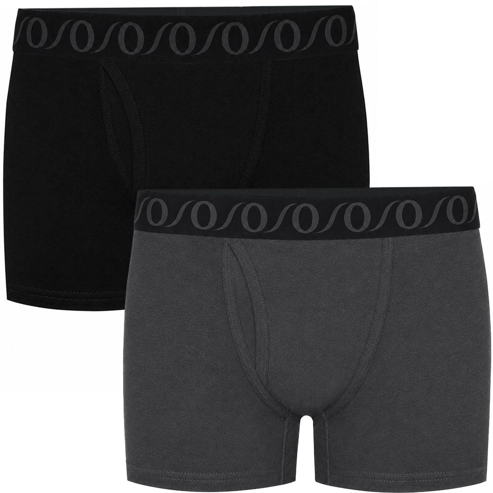 Two pairs of boxer briefs shown on a plain white background: one black pair and one dark gray pair, both with a wide elastic waistband featuring a repeating circular logo pattern.