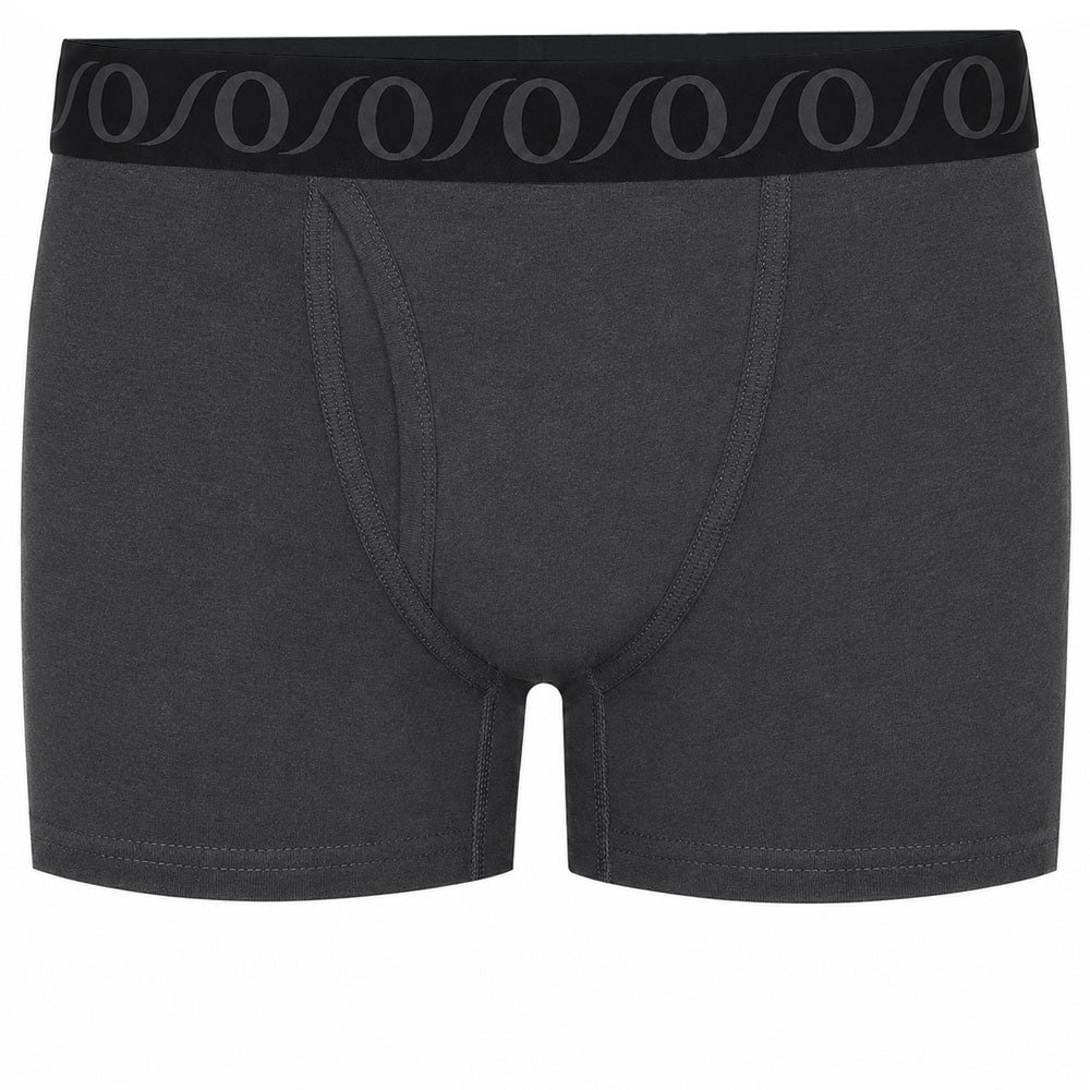 Dark gray boxer briefs with a black elastic waistband featuring a repeating gray wave pattern.