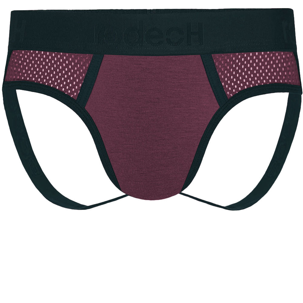 claret underwear with mesh accents with black trim and waistband
