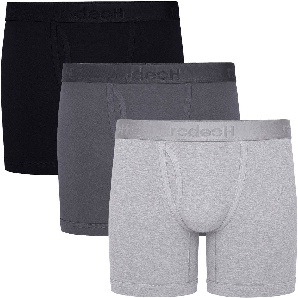 RodeoH shift 6 inch boxer 3 pack in black, light gray and solid gray from the front snd stacked on top of each other
