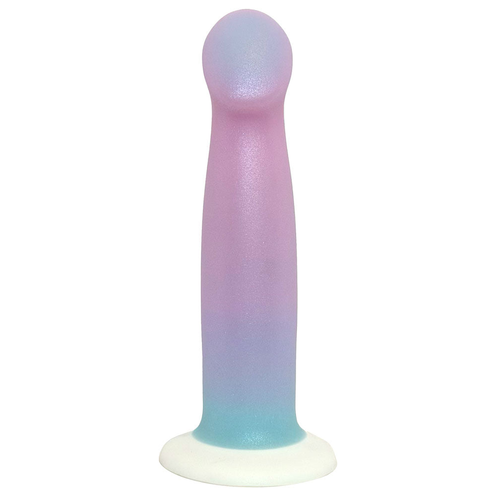 An inflatable silicone dildo with a gradient color scheme transitioning from lavender purple to light blue, resting on a white suction cup base against a plain white background.
