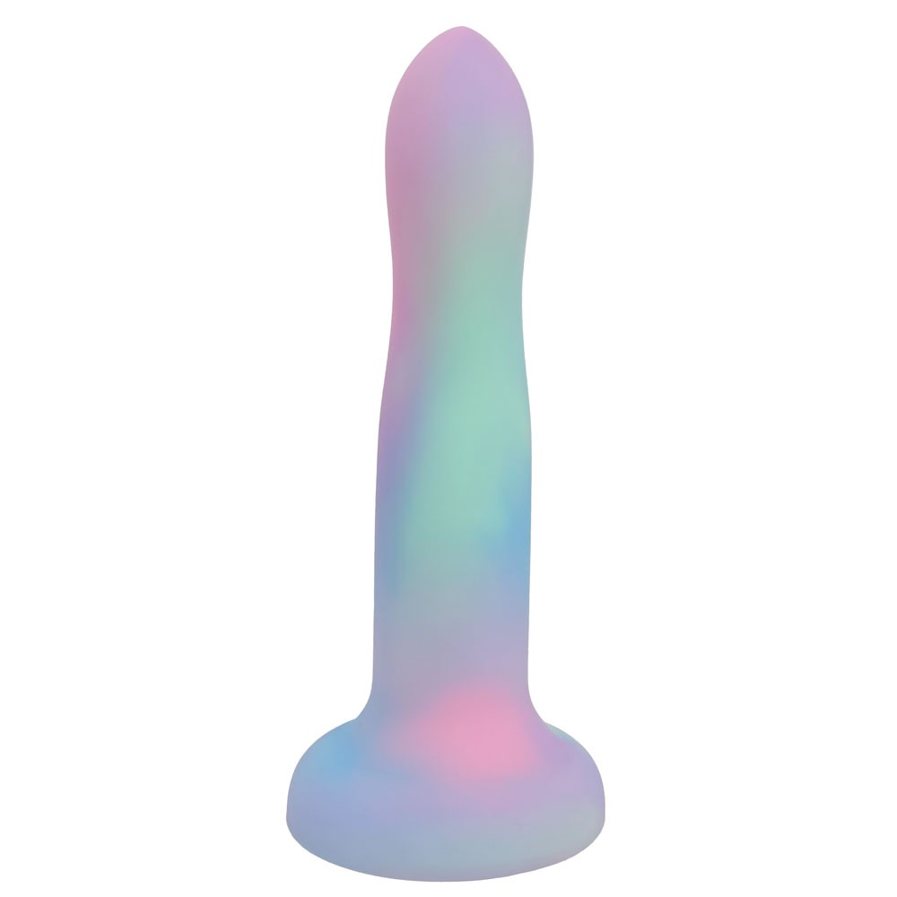 Nexus Rory 6 silicone dildo in pastel whimsy color swirl, on its suction cup base, from the back
