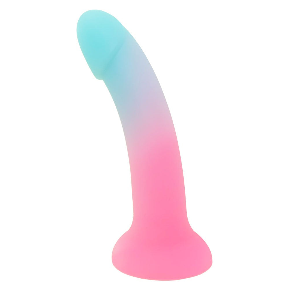 Nexus Sol Sweet tart pink and blue silicone dildo, flat on its  suction base, from the side
