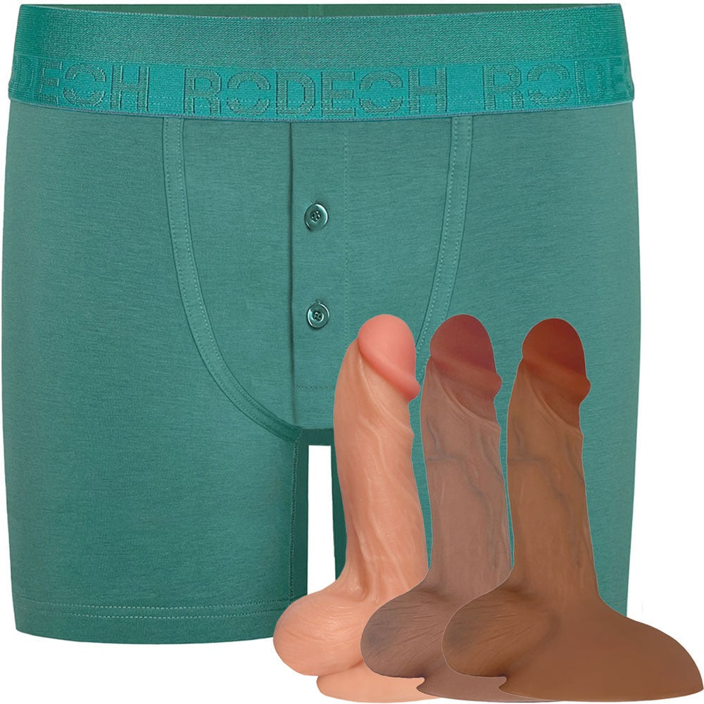Rodeoh Pacific Teal green button fly boxer harness from the front shown with vanilla, caramel and dark caramel flex dildo included in package deal