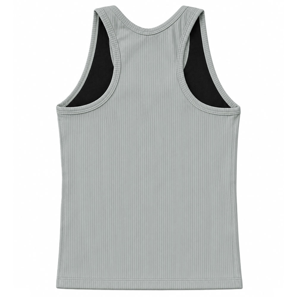 The back of a light gray ribbed compression tank top in light gray ribbed fabric