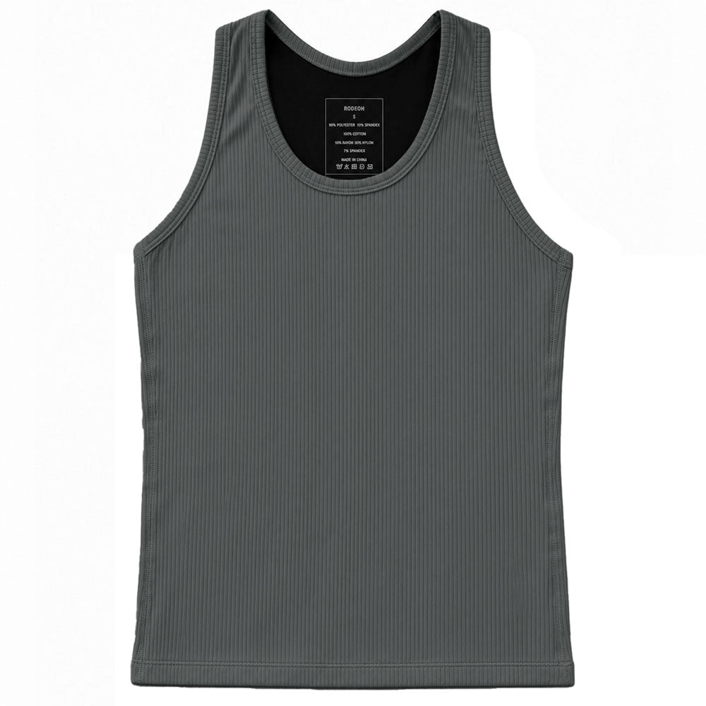 A dark gray ribbed compression tank top, displayed flat against a white background.