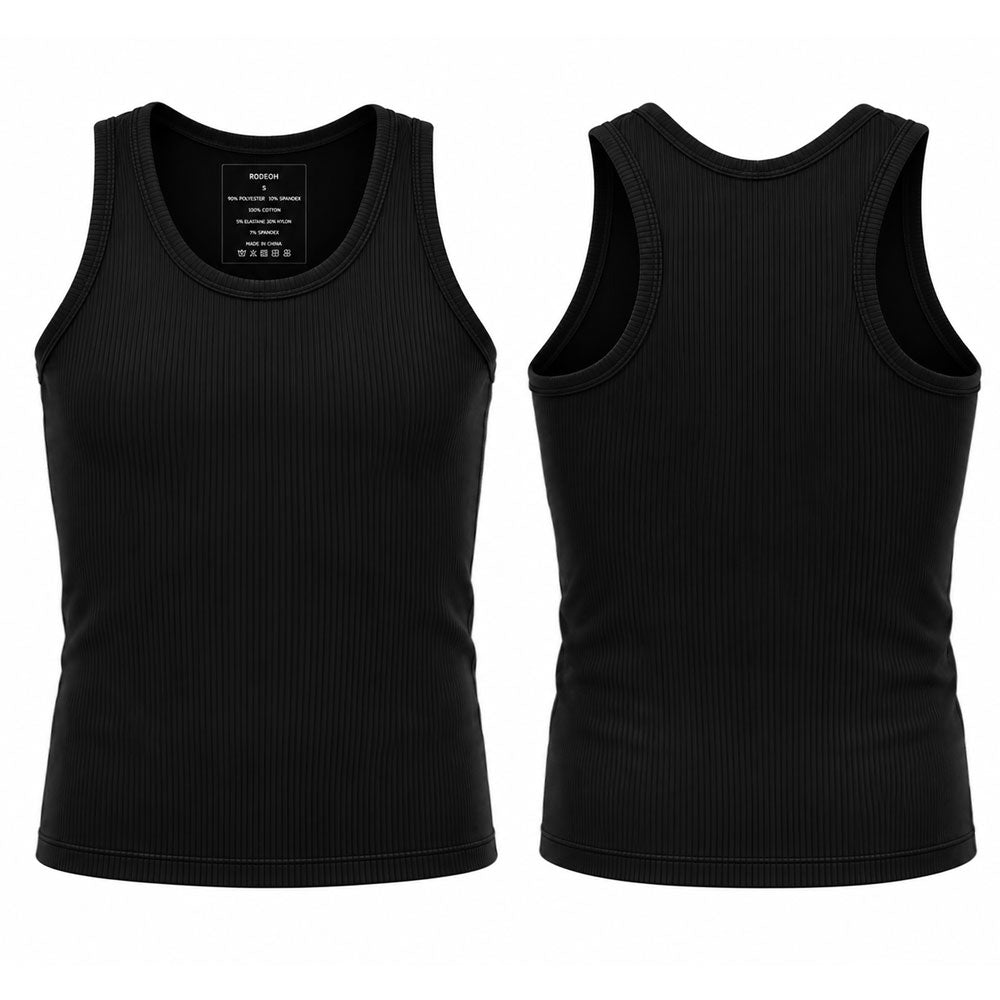 A black ribbed tank top shown from both the front and back views on a plain white background.