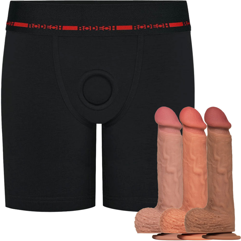 RodeoH Rise Extended Leg boxer harness from the front with all 3 colors of Royal Realistic Silicone dildo, from the side, on their suction cup bases