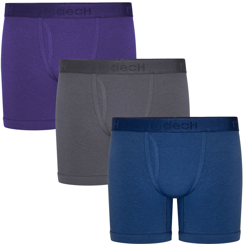 6" inseam Shift Boxer Brief gender neutral Underwear 3 Pack , with gray, purple, and dark blue