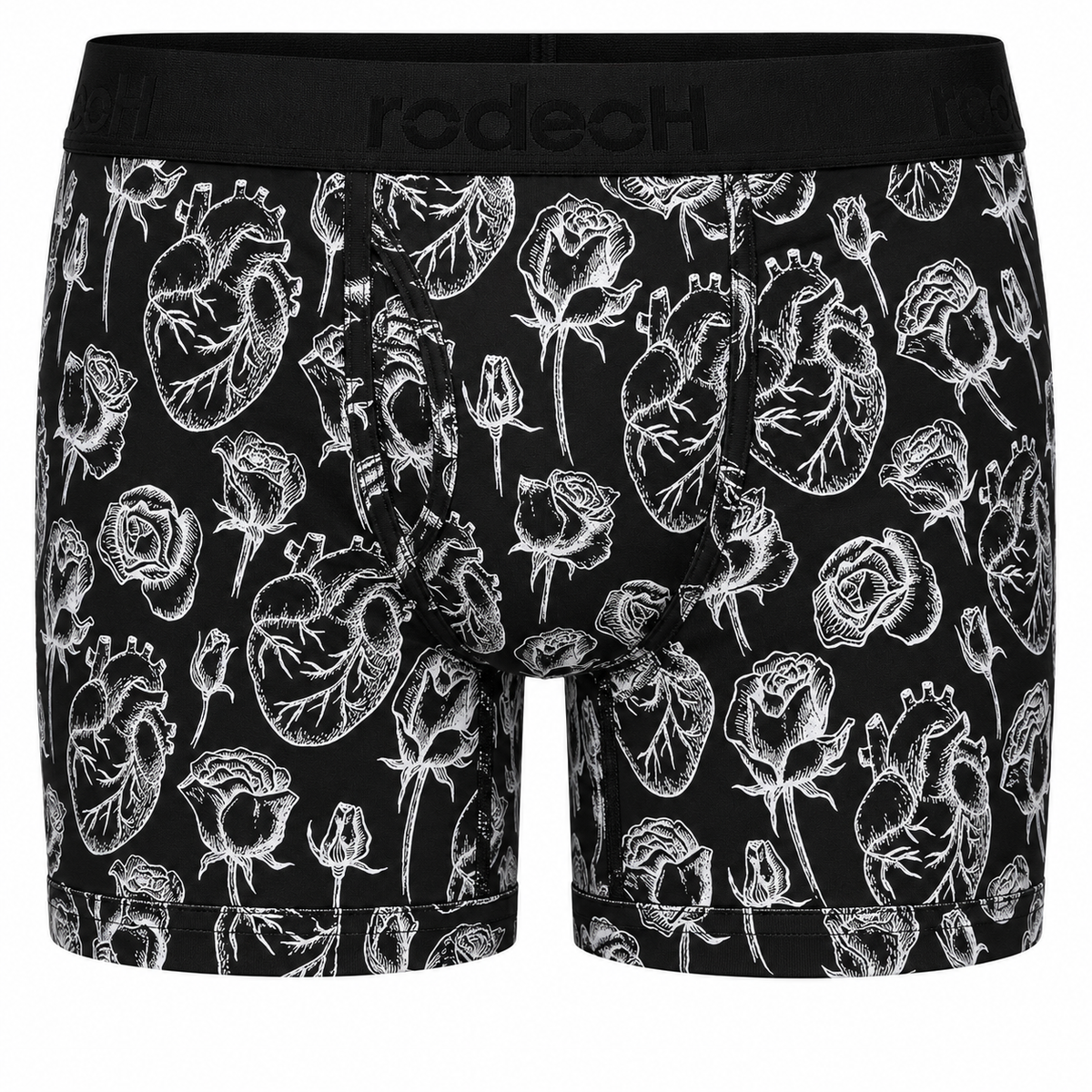 RodeoH Shift 6 inch Boxer in black Hearts & Roses print, front view