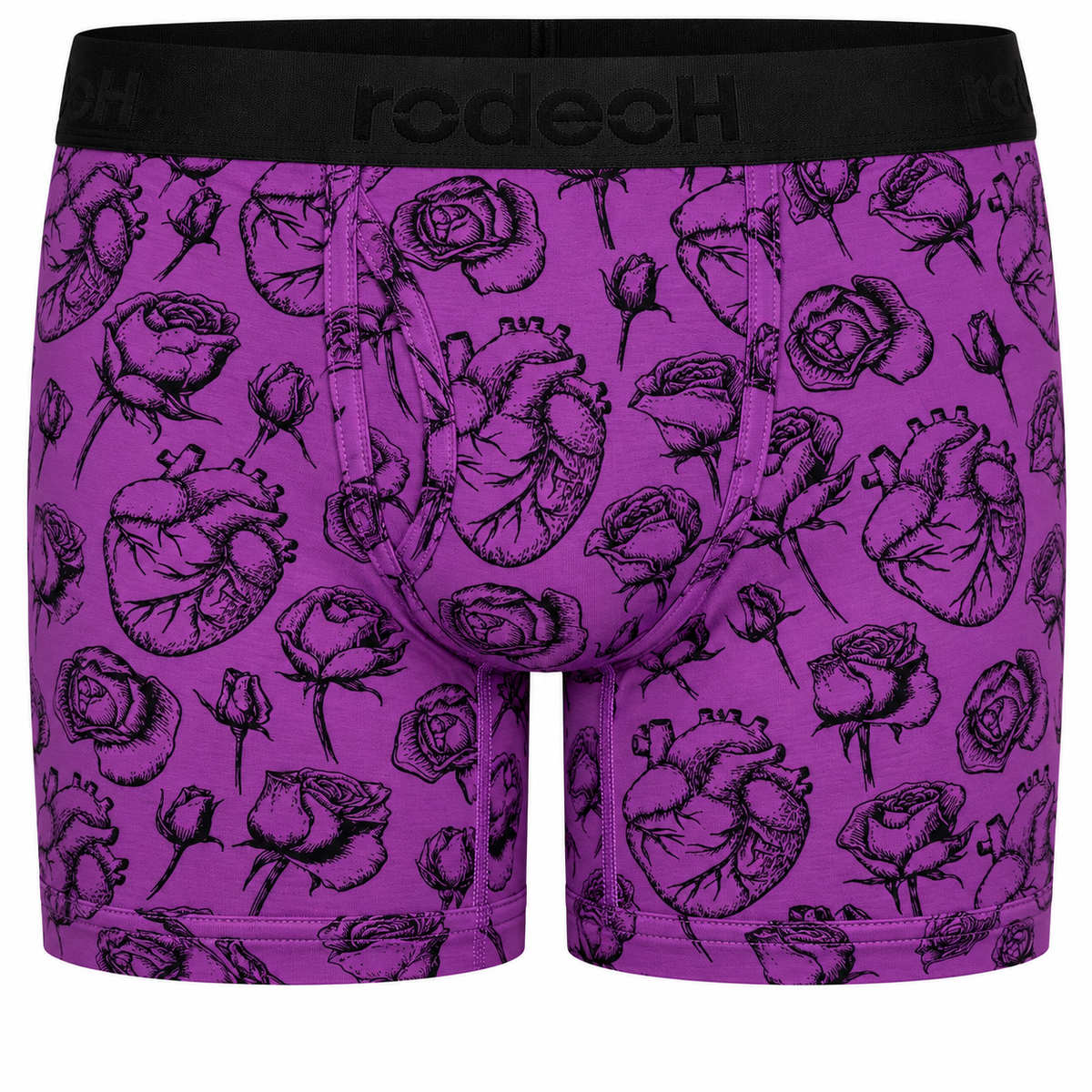 RodeoH Shift 6 inch Boxer in purple Hearts & Roses print, front view