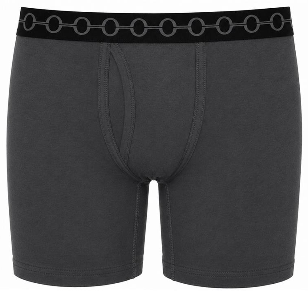 Dark gray boxer briefs with a black waistband featuring a repeating gray chain-link pattern.