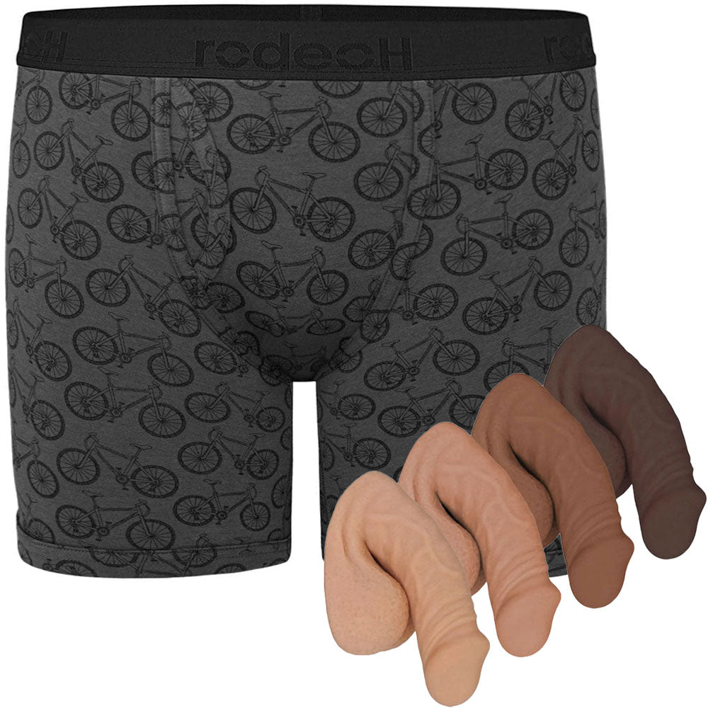 Shift 6" Boxer in gray with bicyclescprint, laid flat from the front, with 4 color options of Small freeform packer from the side