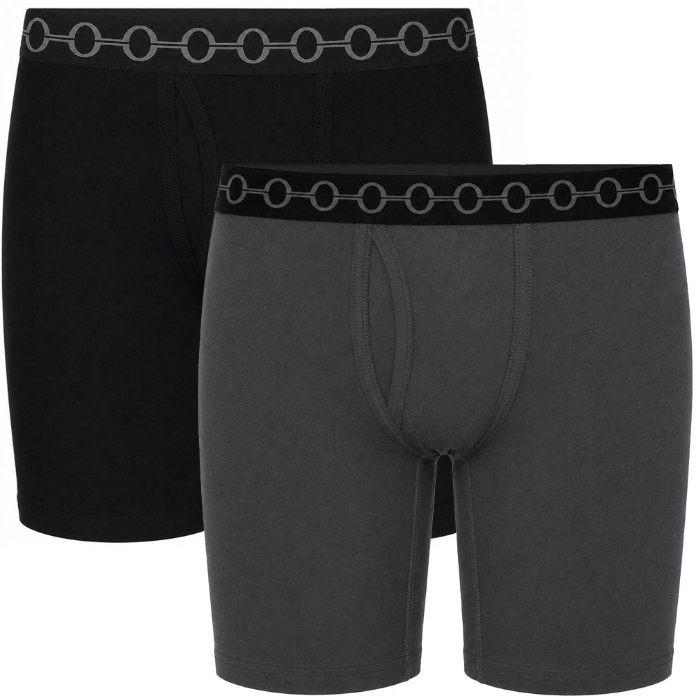 Two pairs of boxer briefs shown on a plain white background, with one pair in black and the other in dark gray. Both have black elastic waistbands with a repeating circular ring pattern.