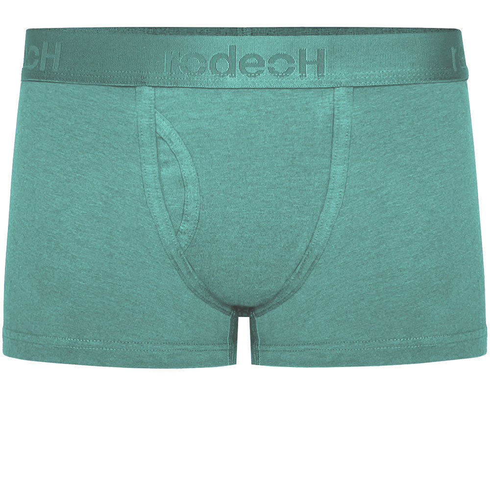 shift short underwear by rodeoh in pacific teal with logo waistband from the front, laid flat