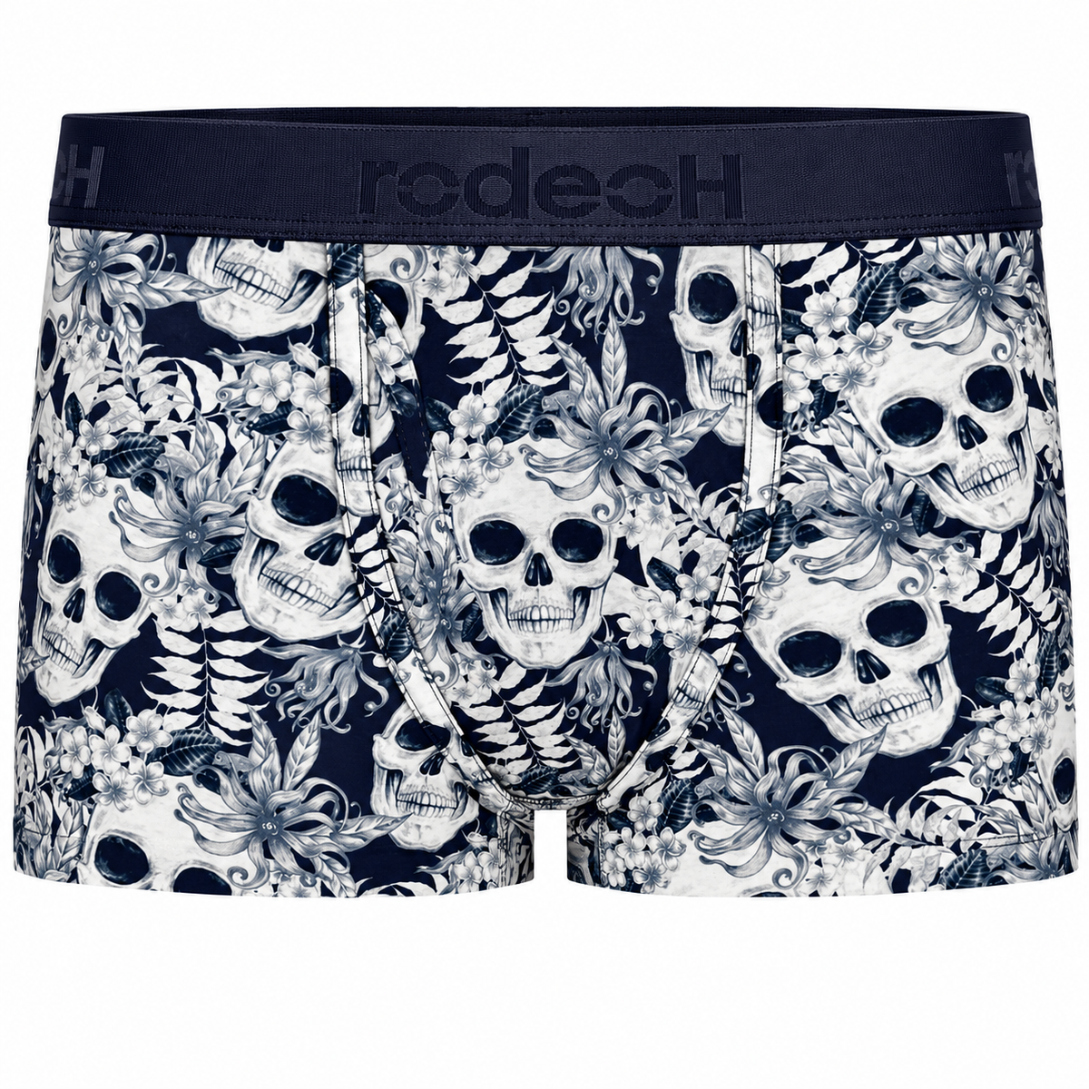 RodeoH Shift Short gender-neutral underwear in Midnight Skulls navy print, from the front