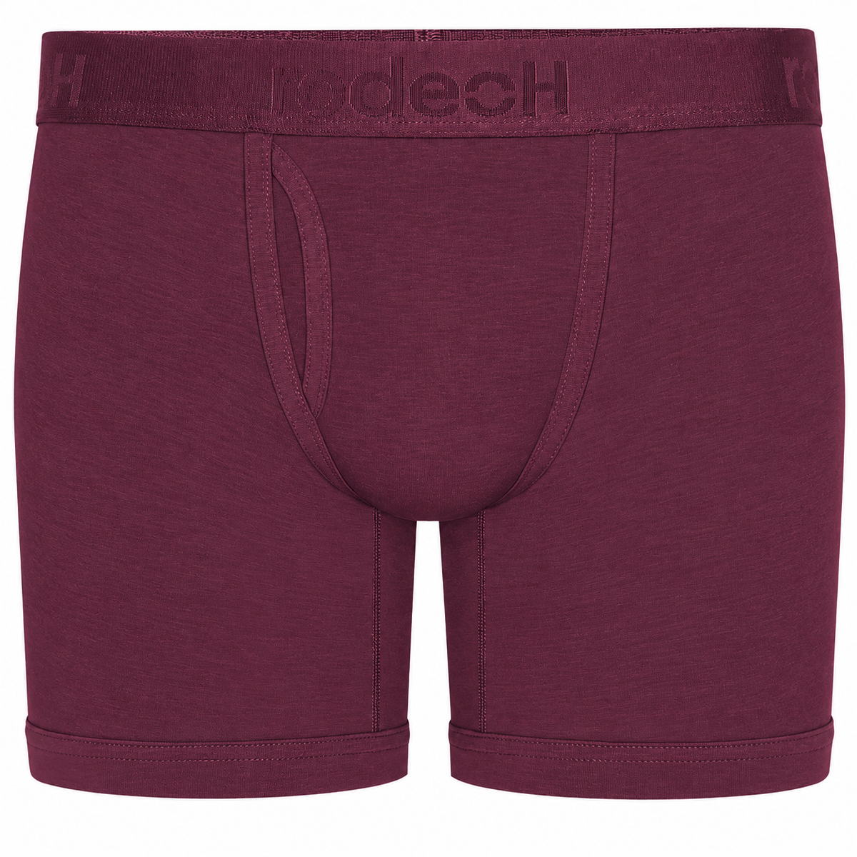 A pair of men's boxer briefs in a heathered burgundy color, featuring a wide elastic waistband with the brand name 'kodeCH' printed in tonal embroidery.