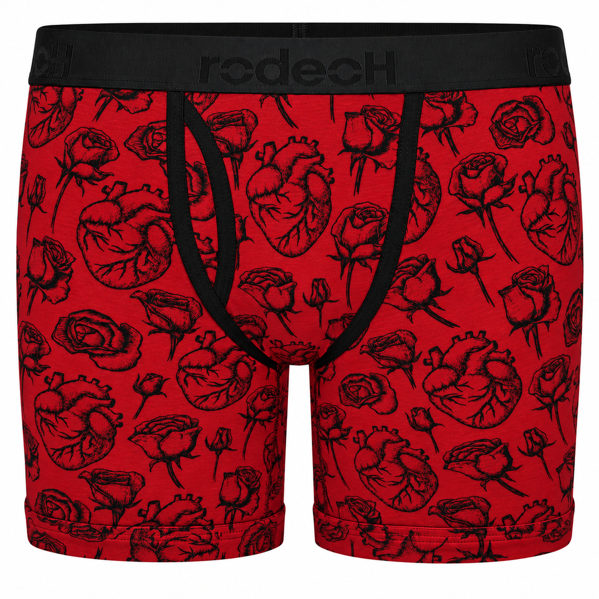 RodeoH 6 inch Top Loading Boxer in red Hearts & Roses print, front view