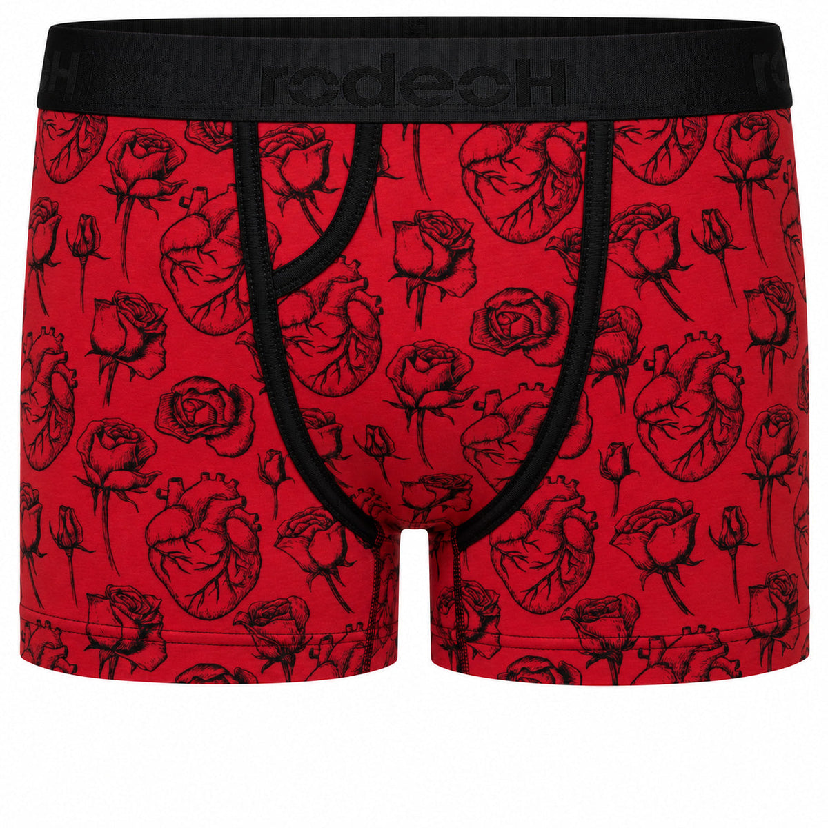 RodeoH Classic Top Loading Packing Boxer in red Hearts & Roses print: black line-drawn anatomical hearts and roses on deep red, front view