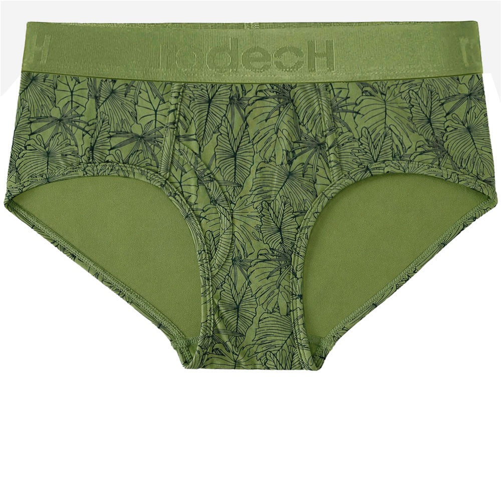 Rodeoh top loading brief underwear for packing from the front, laid flat in green with leaves print