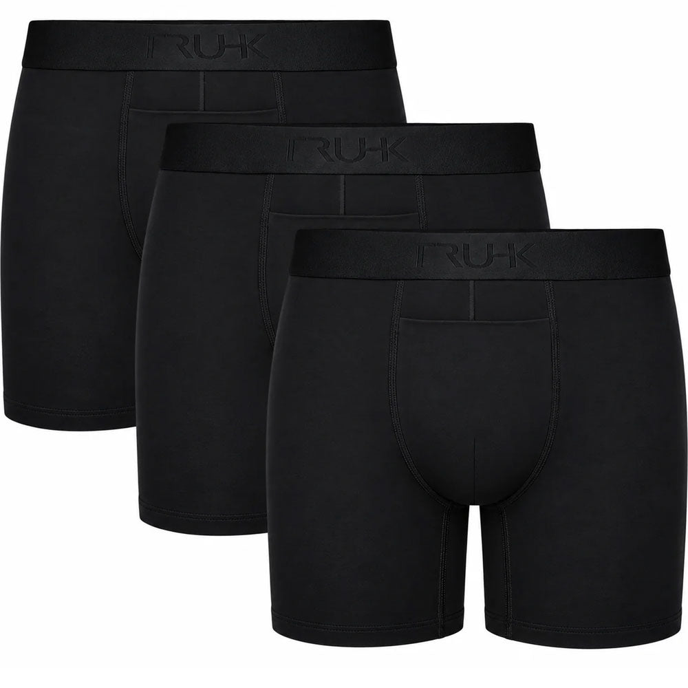 Three pairs of black boxer briefs arranged in a staggered overlapping layout on a plain white background. The waistband of each pair features the debossed brand name 'TRUHK'.