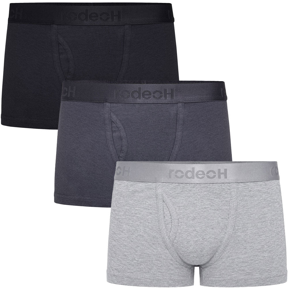 rodeoh shift short cotton shorty boxer underwear 3 pack in light gray, solid gray and black, stacked on each other and front the front