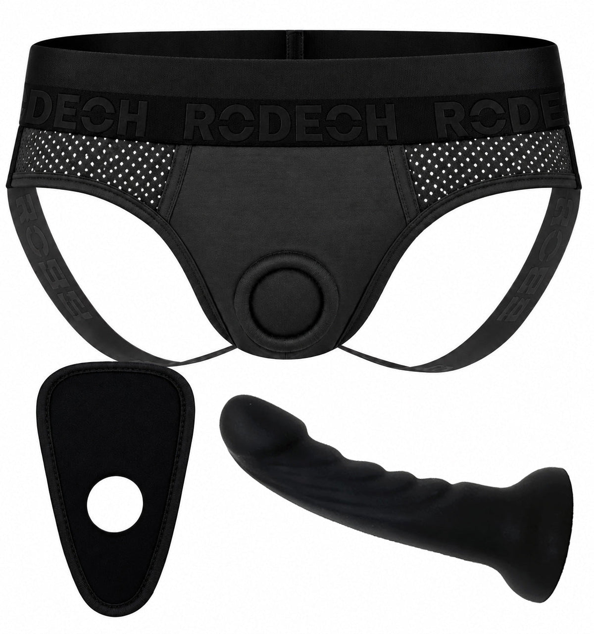 Jock Harness in black and gray with the 6 inch Tease ribbed silicone dildo in black, package deal