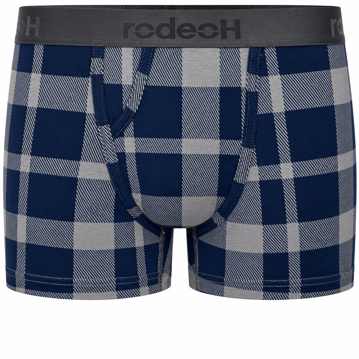 A pair of men's boxer briefs featuring a navy blue and gray diagonal-striped plaid pattern, with a dark gray elastic waistband displaying the brand name 'rodeoH'.