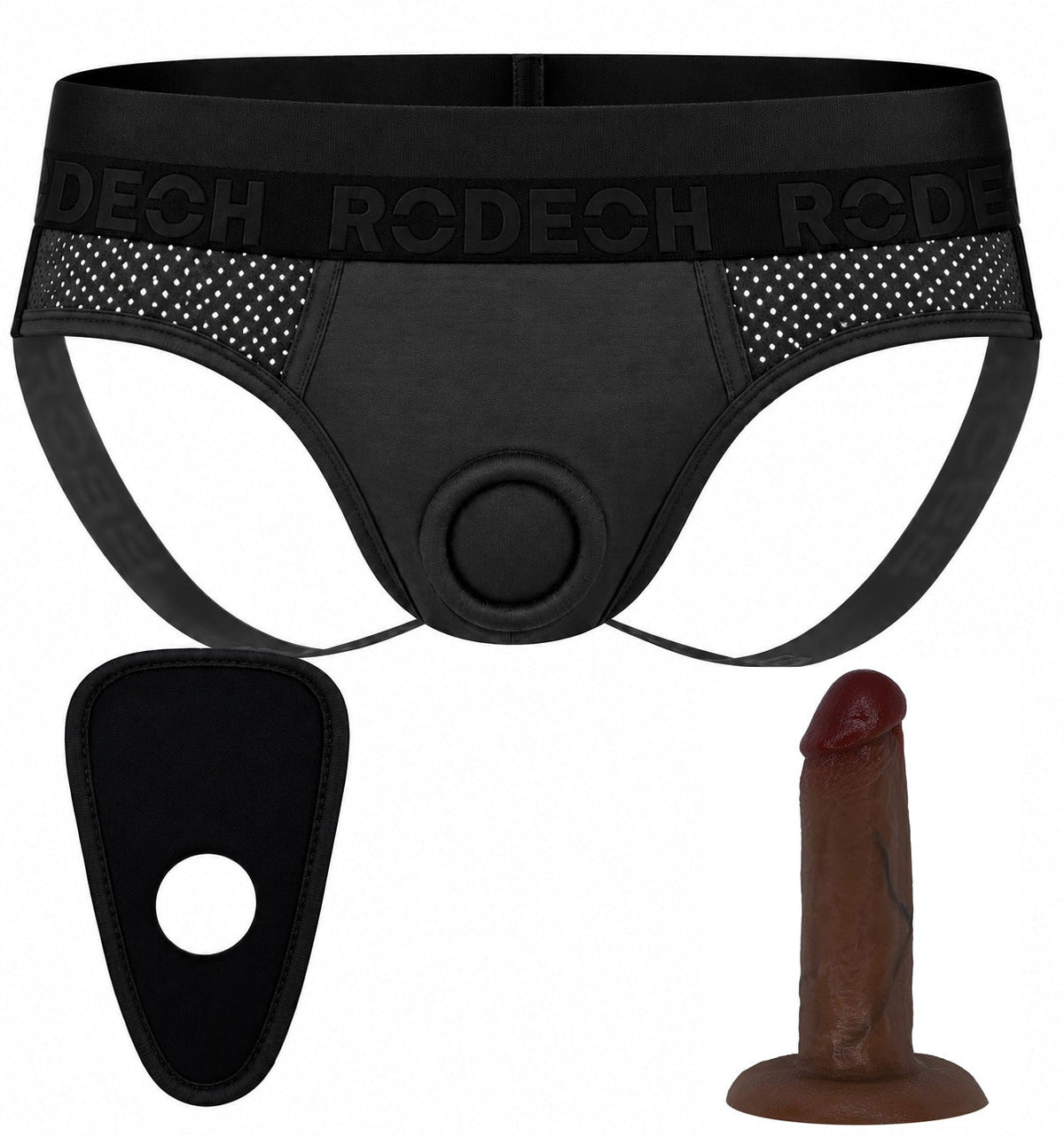 Jock Harness in black and gray with the 5.5 inch SoReal Posable dildo in Chocolate