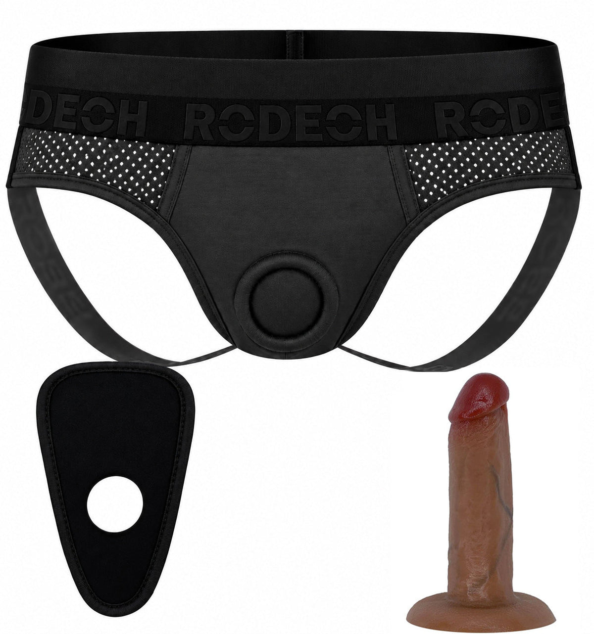 Jock Harness in black and gray with the 5.5 inch SoReal Posable dildo in Mocha