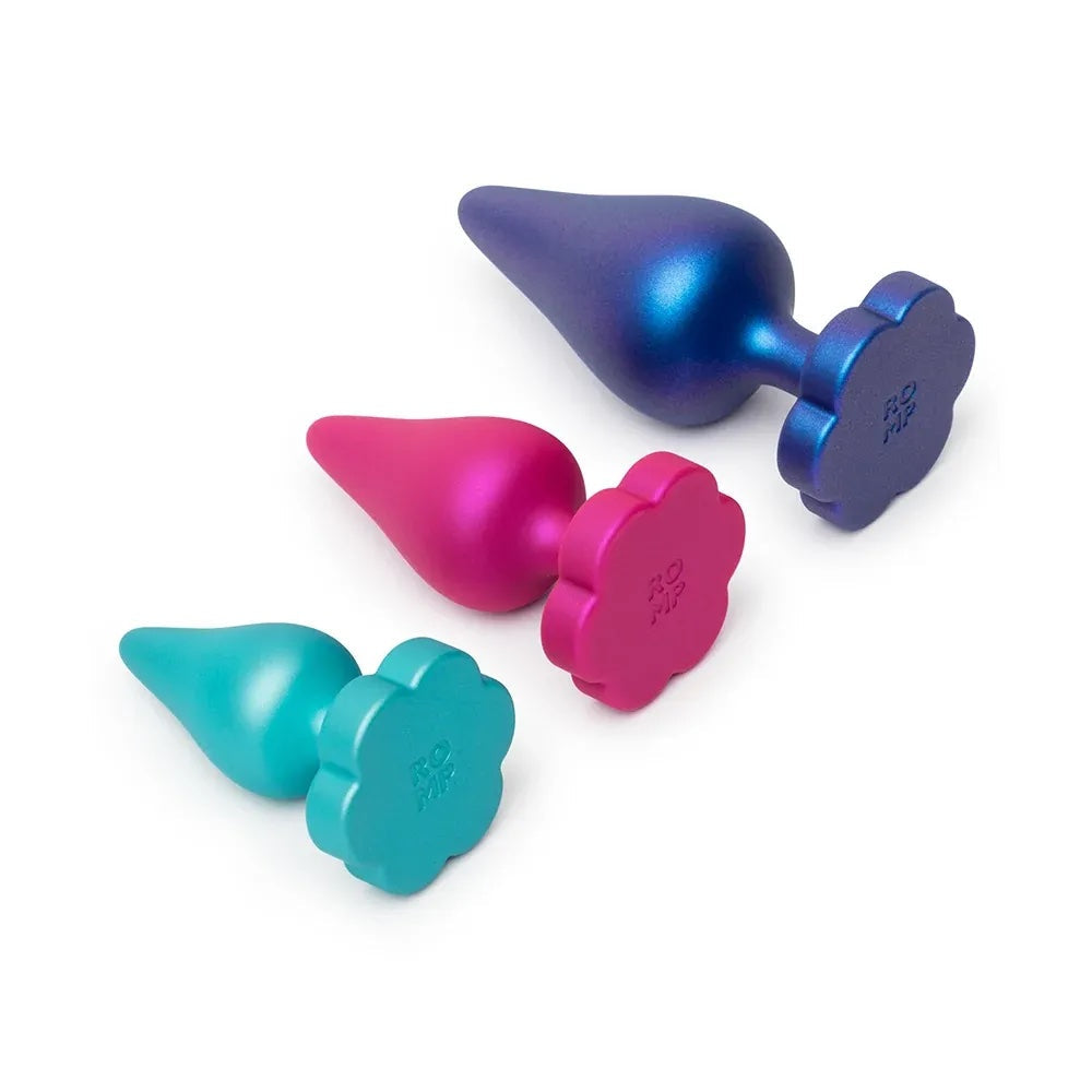 all three romp silcione luster anal plugs from the side