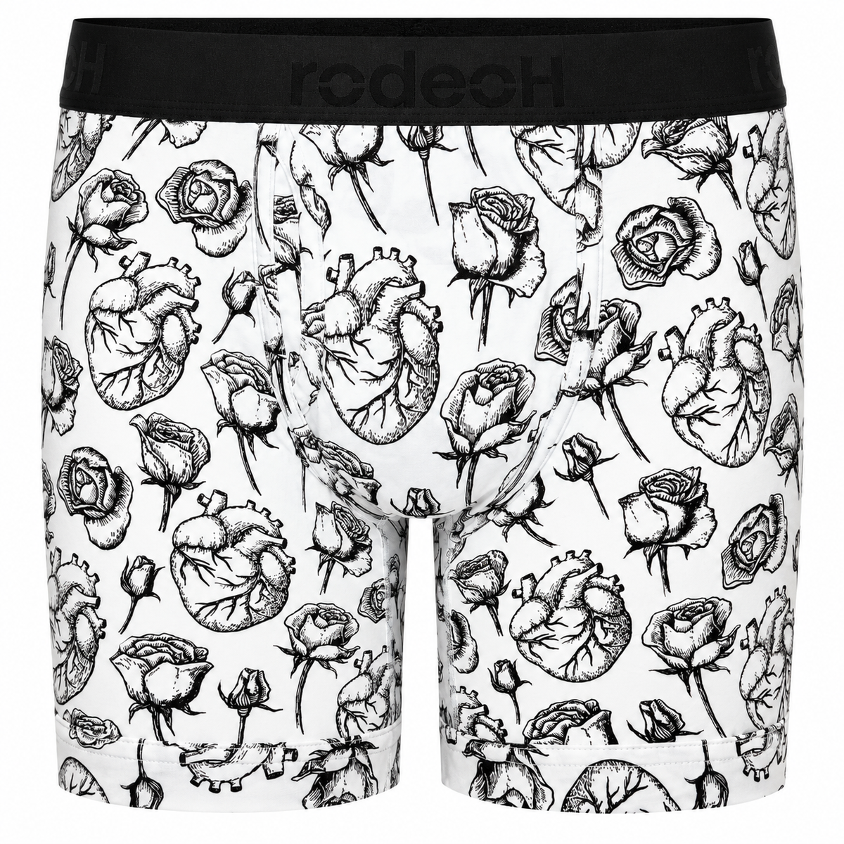 RodeoH Shift 6 inch Boxer in white Hearts & Roses print, front view