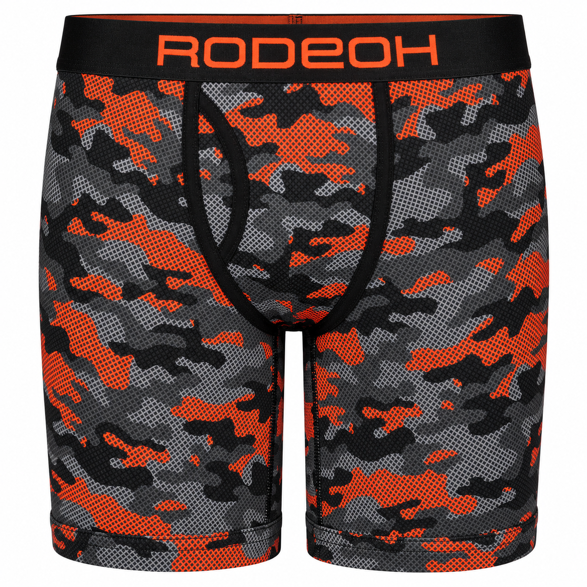 RodeoH Shift 9 inch Boxer in Orange Camo, front view