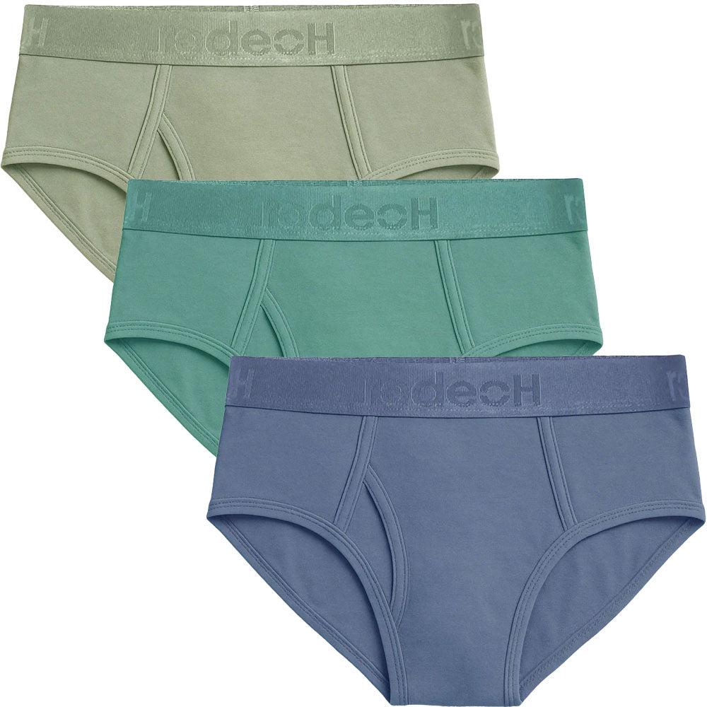 RodeoH Colo coastal Shift brief 3 pack with Sage, pacific teal and slate blue briefs laid flat on top of each other from the front