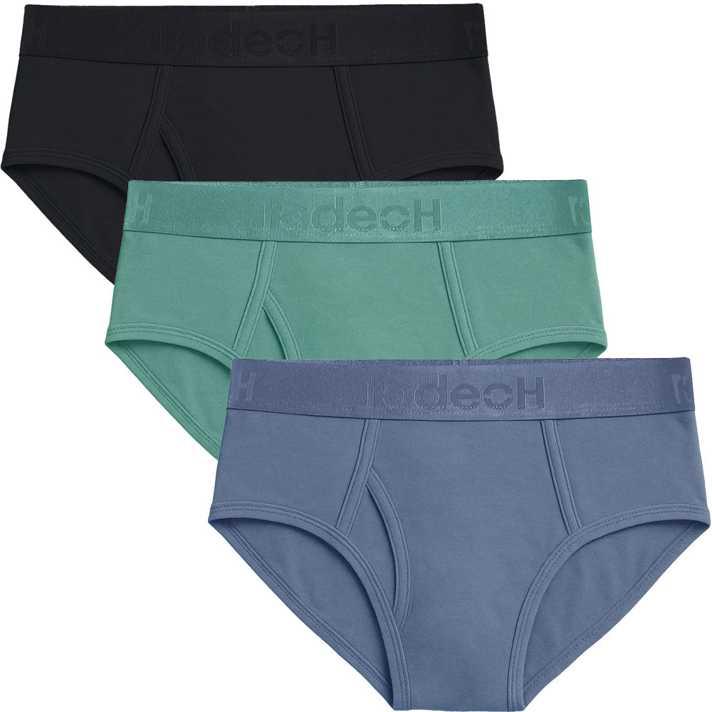 RodeoH Pacific calm shift brief 3 pack featuring back pacific teal and slate blue rodeoh shift briefs, laid flat ad stacked on top of each other, from the front.