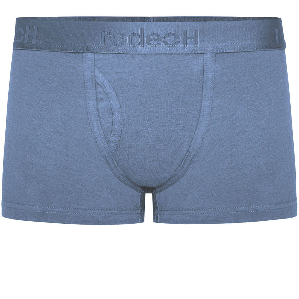 shift short underwear by rodeoh in slate blue with logo waistband from the front, laid flat
