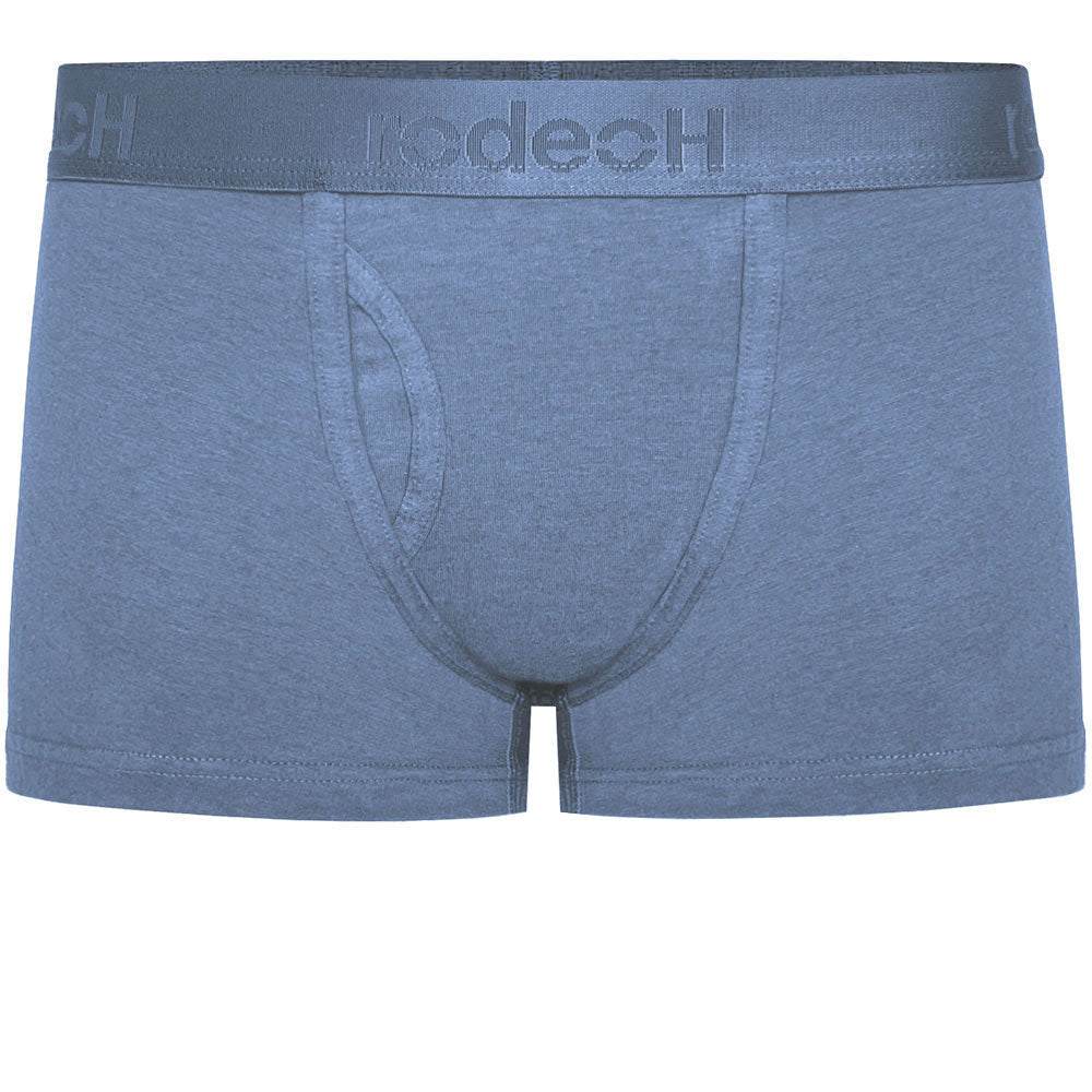 shift short underwear by rodeoh in slate blue with logo waistband from the front, laid flat