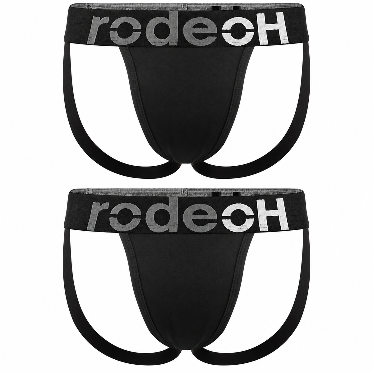 Two black jockstrap briefs with a wide elastic waistband featuring the brand name 'rodeoh' in silver lettering, displayed against a solid white background.
