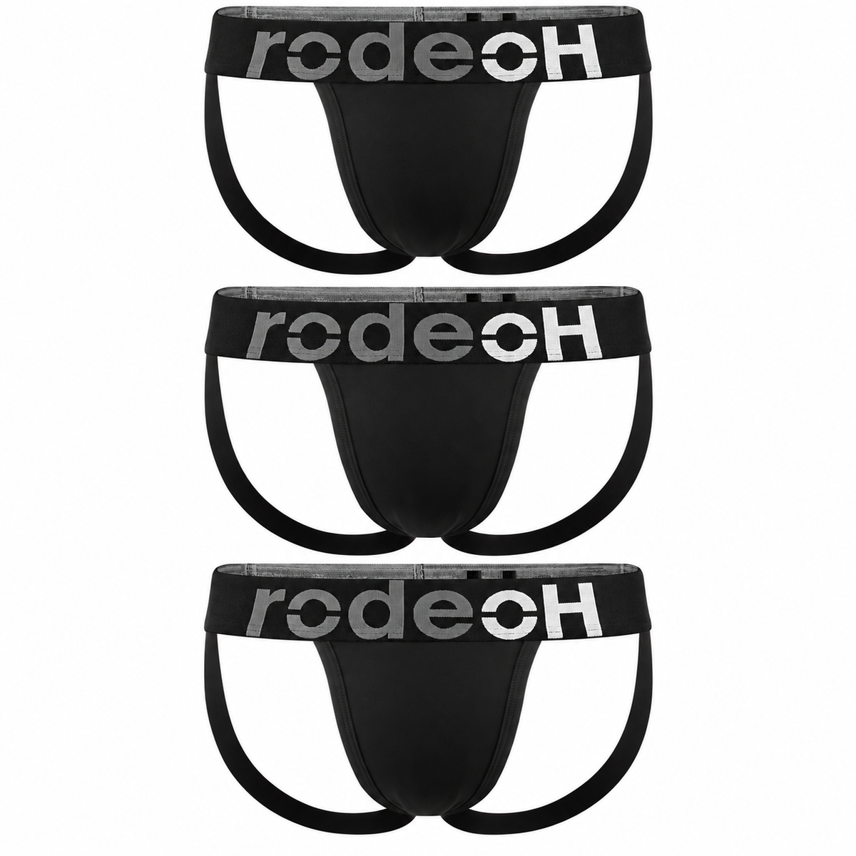 Two black jockstrap briefs with a wide elastic waistband featuring the brand name 'rodeoh' in silver lettering, displayed against a solid white background.