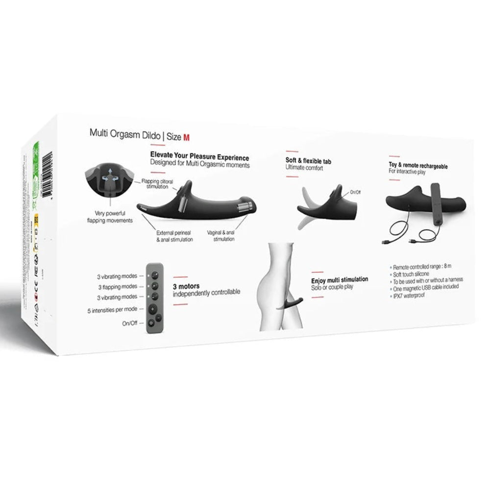 strap on me multi orgasm triple stimulating strap on dildo in black back panel of the box