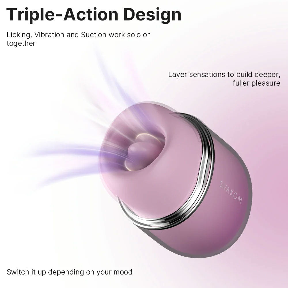 Svakom Klitty Sucking licking purple silicone clitoral stimulator, with silicone mouth exposed and plastic cat ear lid taken off to show suction option
