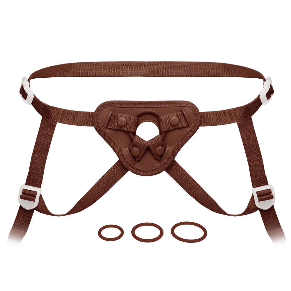 Together Toys NudeFit chocolate adjustable strap on harness, from the front, with  included 3 silicone orings.