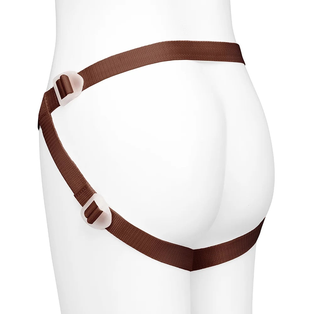 Together Toys NudeFit chocolate adjustable strap on harness, from the back, and side on a mannequin