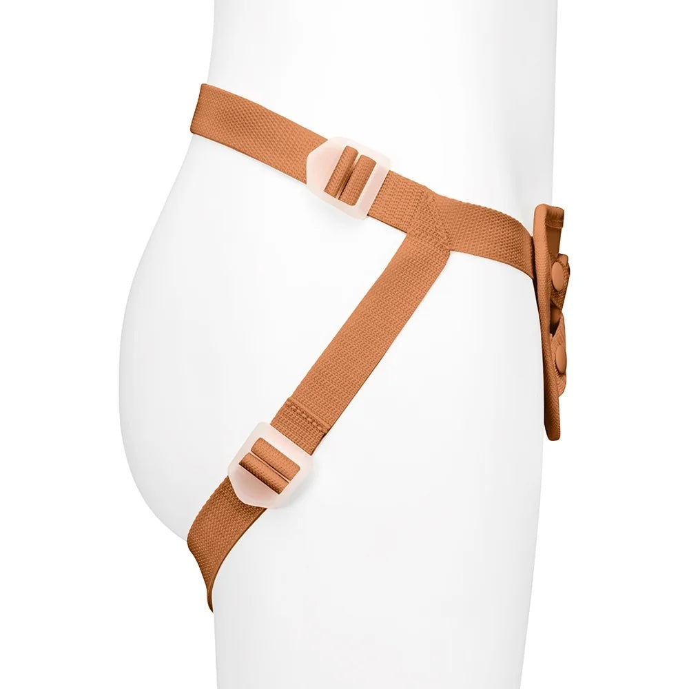 Together Tones Nude fit caramel colored strap on harness on a mannequin, from the side