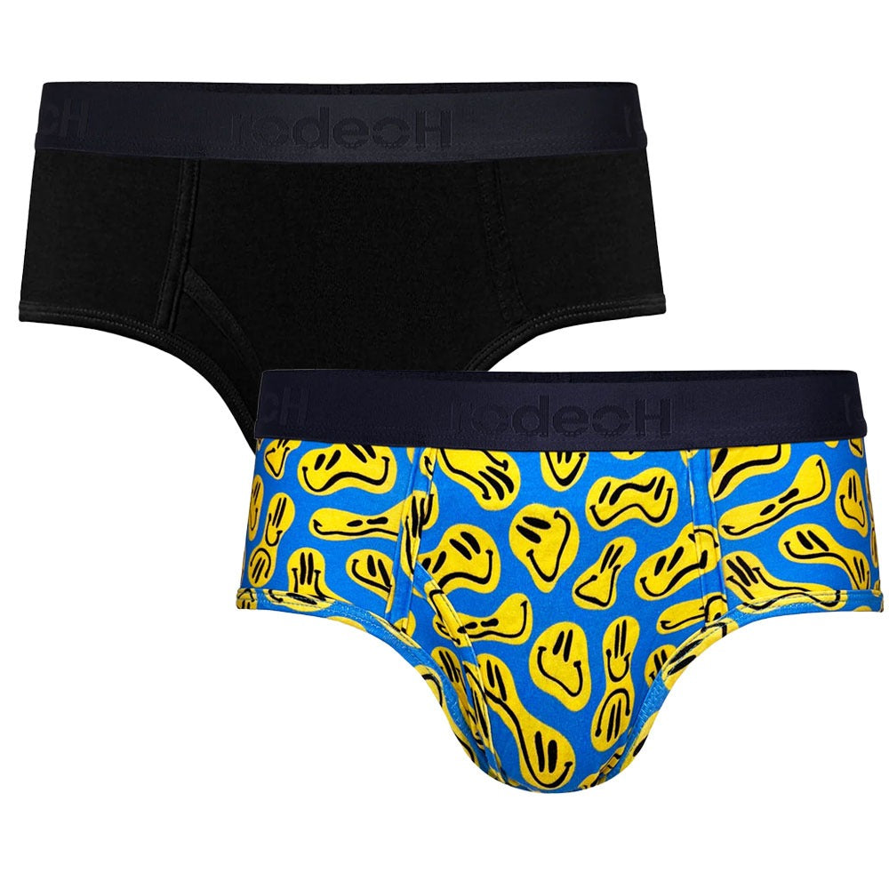 Rodeoh 2 pack top loading packing briefs underwear, in solid black, and blue and yellow smiley print, laid flat and from the front