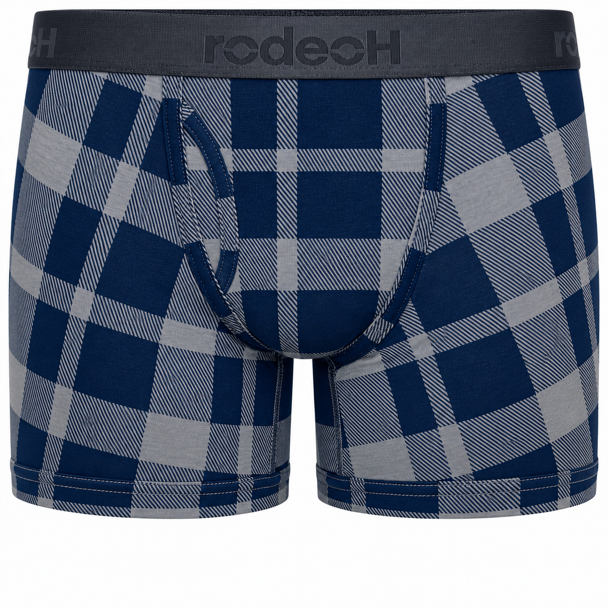 A pair of men's boxer briefs by Rodech, featuring a navy blue and gray plaid pattern with a dark gray elastic waistband.